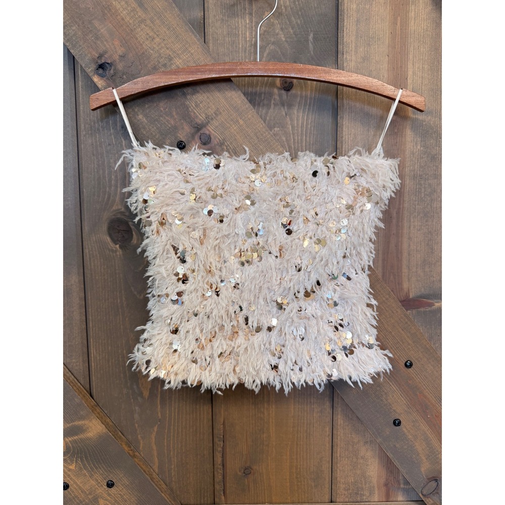 Zara Tube Top Women XS Cream Good Sequin Fringed Shaggy Cropped Strapless